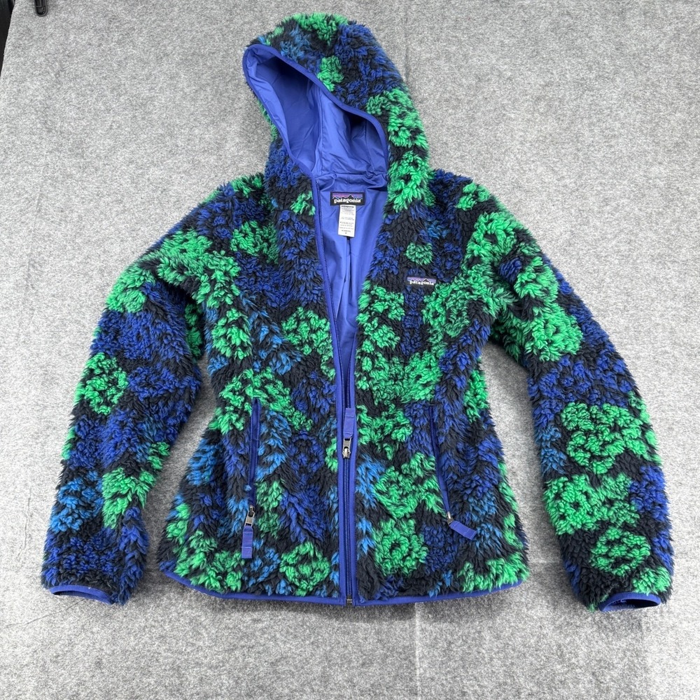 Patagonia Womens Hooded Fleece Jacket Blue Green Black Medium 100% Polyester